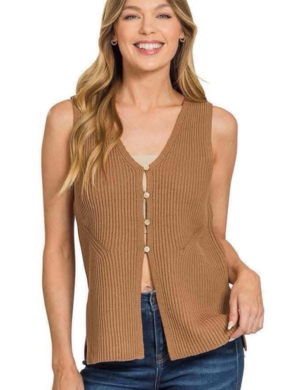 Ribbed Button-Front Sweater Vest - Camel